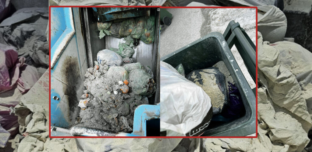 Støv, aske og kattesand i beholdere og renovasjonsbil.