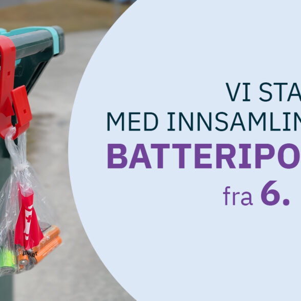 Beholder for glass- og metallemballasje med rød plastkrok og pose med batterier