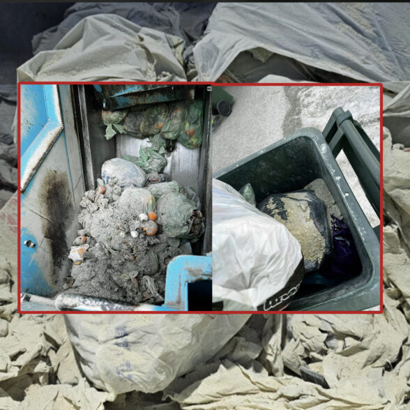 Støv, aske og kattesand i beholdere og renovasjonsbil.