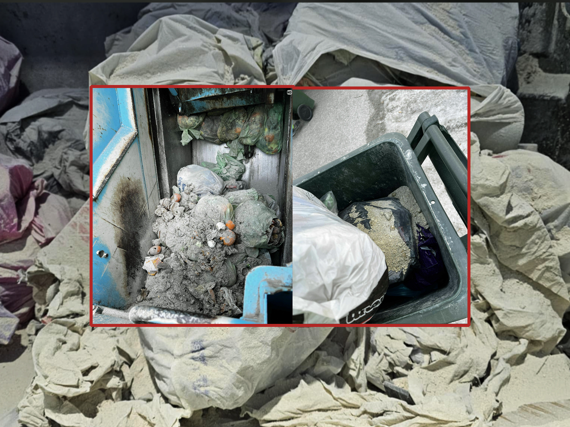 Støv, aske og kattesand i beholdere og renovasjonsbil.